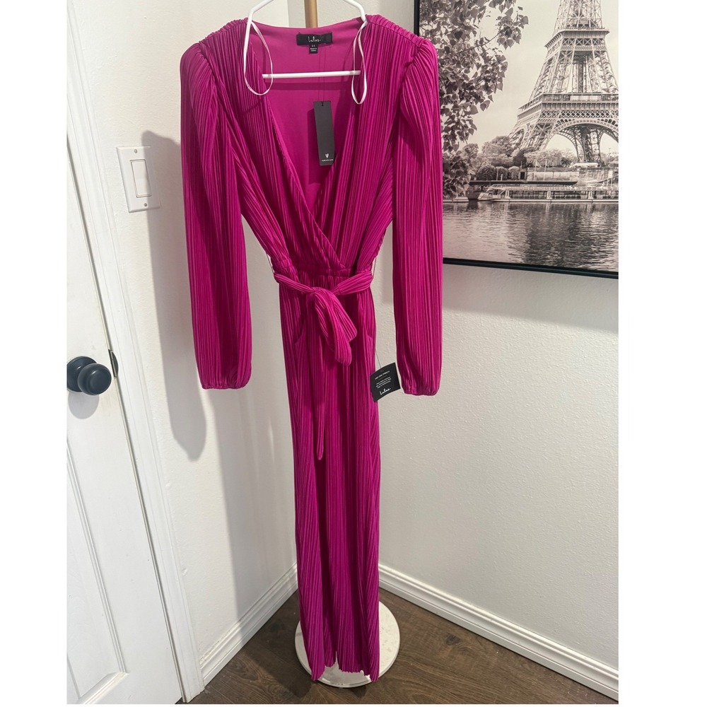 Lulus Simply Ravishing Magenta Plisse Long Sleeve Wide Leg Jumpsuit XS NEW